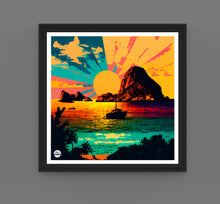 Load image into Gallery viewer, Ibiza Es Vedra print by Biggerthanprints.co.uk - Travel poster Spain wall art Sunset gift Sunrise decor
