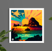 Load image into Gallery viewer, Ibiza Es Vedra print by Biggerthanprints.co.uk - Travel poster Spain wall art Sunset gift Sunrise decor
