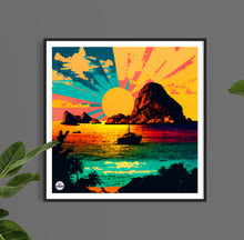 Load image into Gallery viewer, Ibiza Es Vedra print by Biggerthanprints.co.uk - Travel poster Spain wall art Sunset gift Sunrise decor
